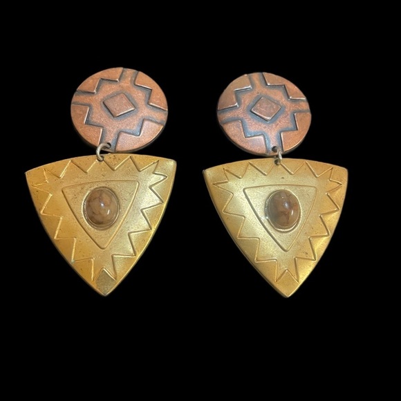 Brass gold Southwest Triangle earrings vintage geometric jewelry western - Picture 2 of 5